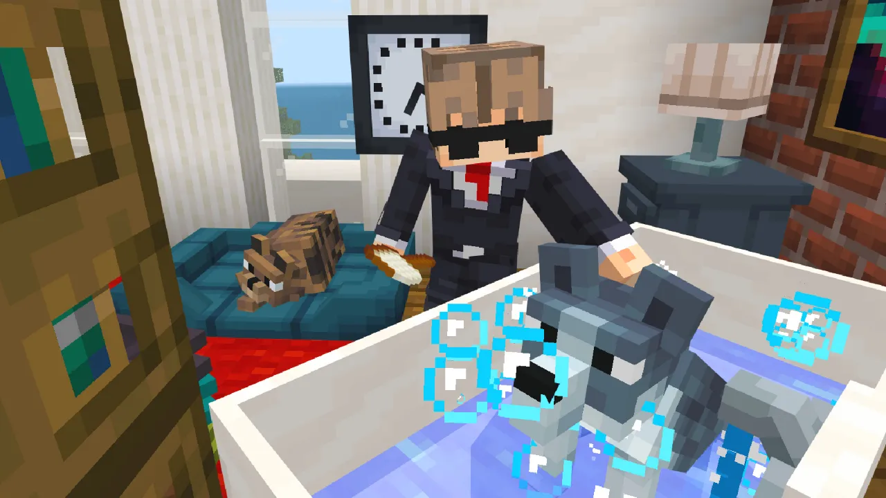 Player standing in a bathroom with a white bathtub filled with ice and blue items in the Roleplay Pack Minecraft Bedrock add-on
