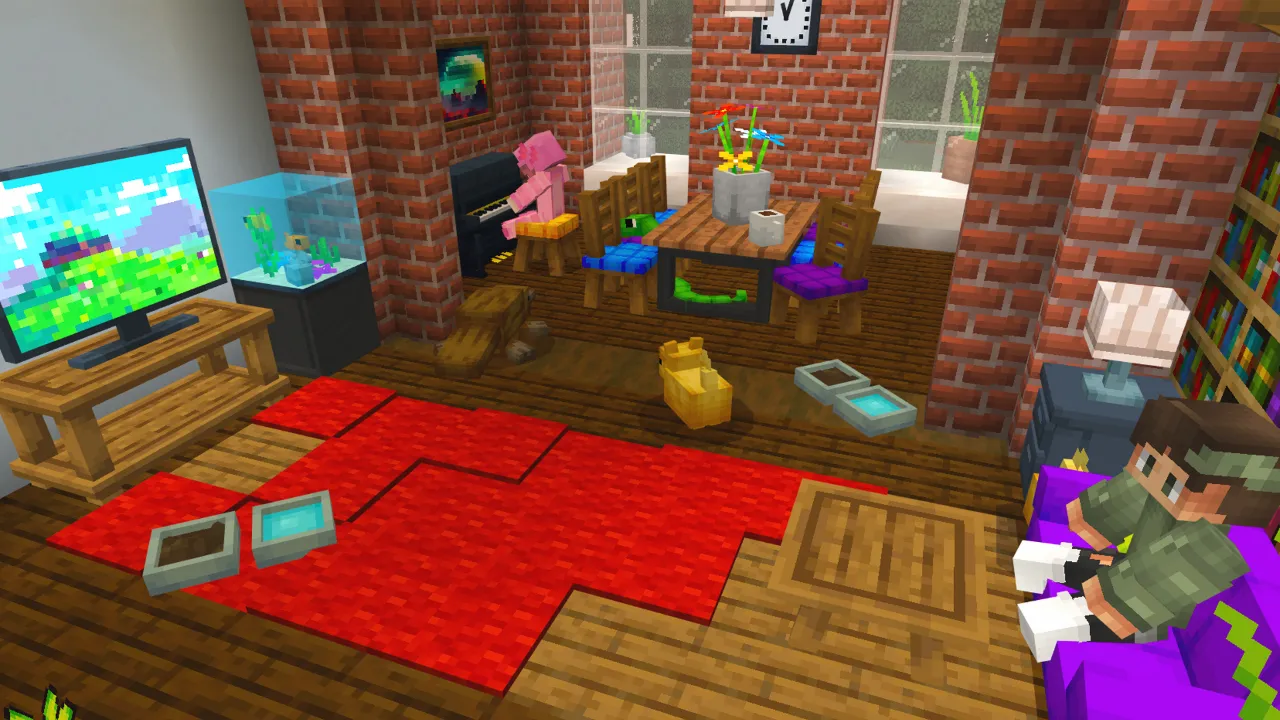 Brick living room with a red rug, TV, sofa and pets on the floor in the Roleplay Pack Minecraft Bedrock add-on