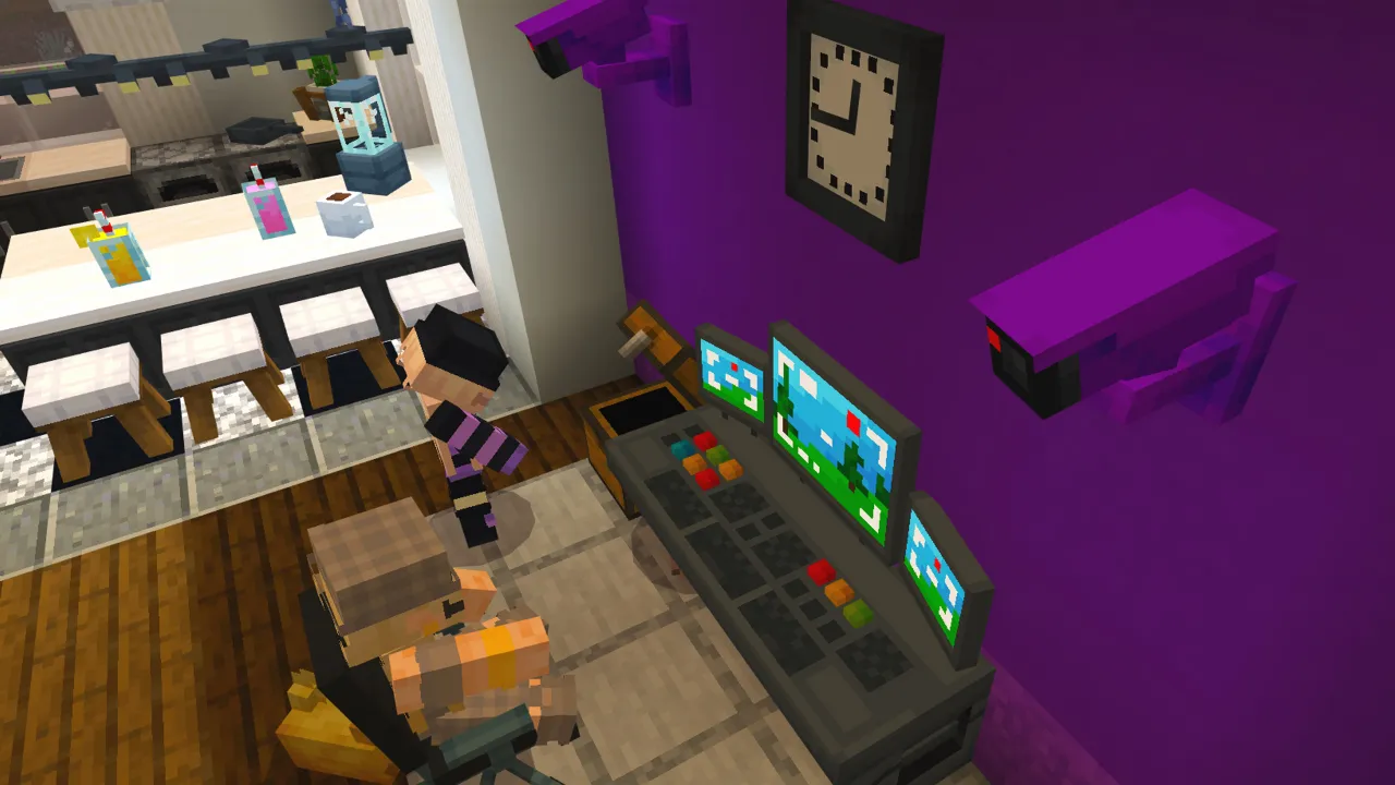 Purple-lit gaming room with computer setups, a wall clock and shelves in the Roleplay Pack Minecraft Bedrock add-on