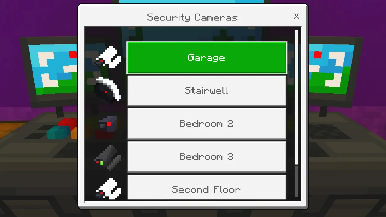 Security Cameras menu listing locations including Garage, Stairwell, Bedroom 2, Bedroom 3 and Second Floor in the Roleplay Pack Minecraft Bedrock add-on