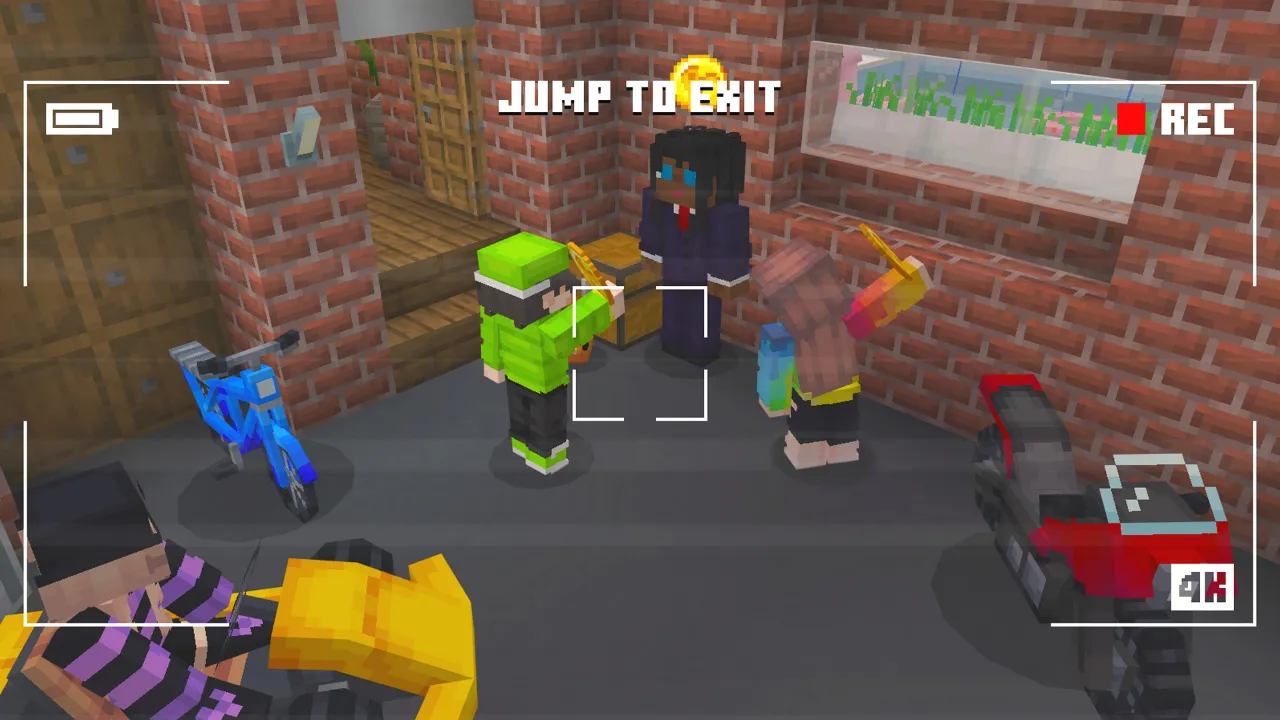 Camera feed view of a brick garage with characters and a car, showing a jump to exit prompt in the Roleplay Pack Minecraft Bedrock add-on