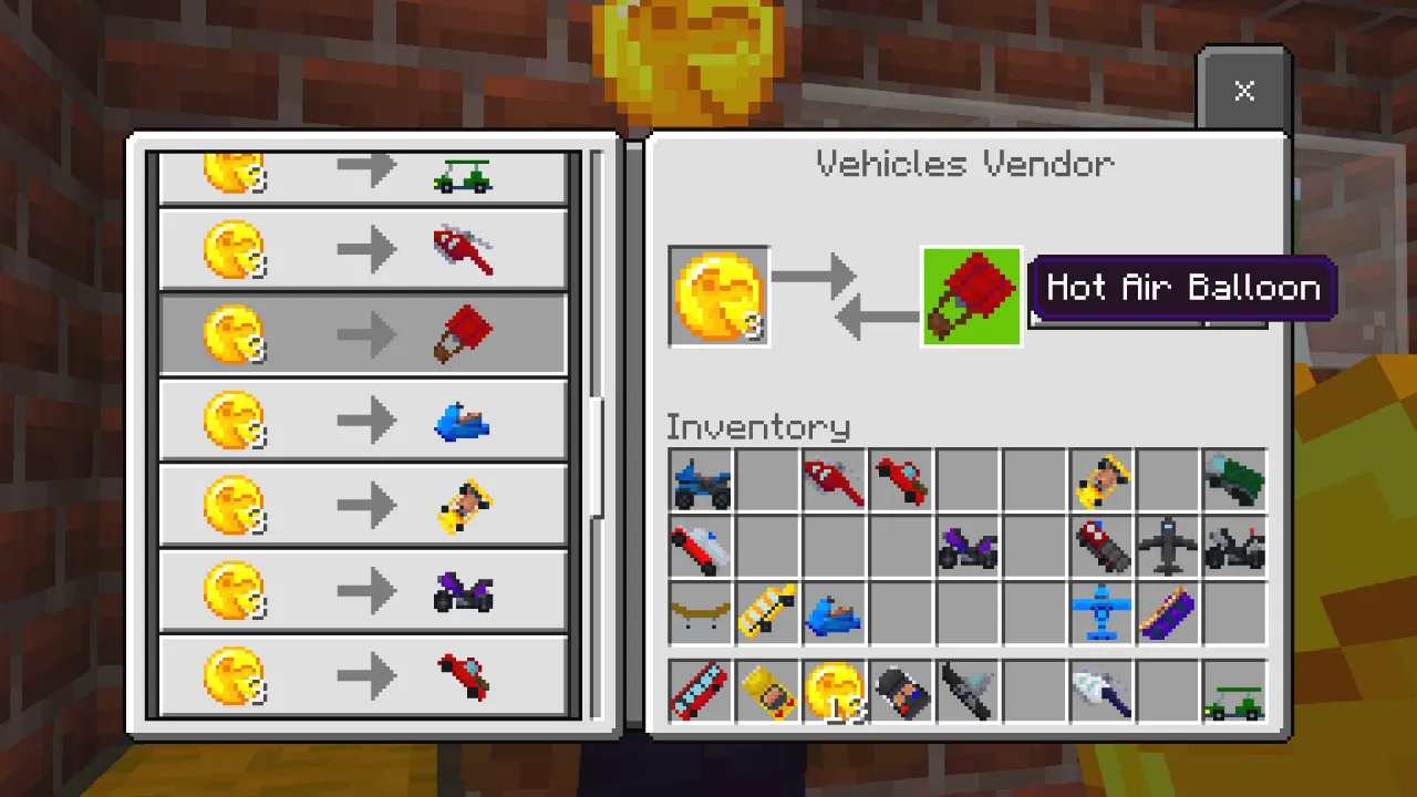 Trading menu offering a Hot Air Balloon in the Vehicles Vendor interface in the Roleplay Pack Minecraft Bedrock add-on