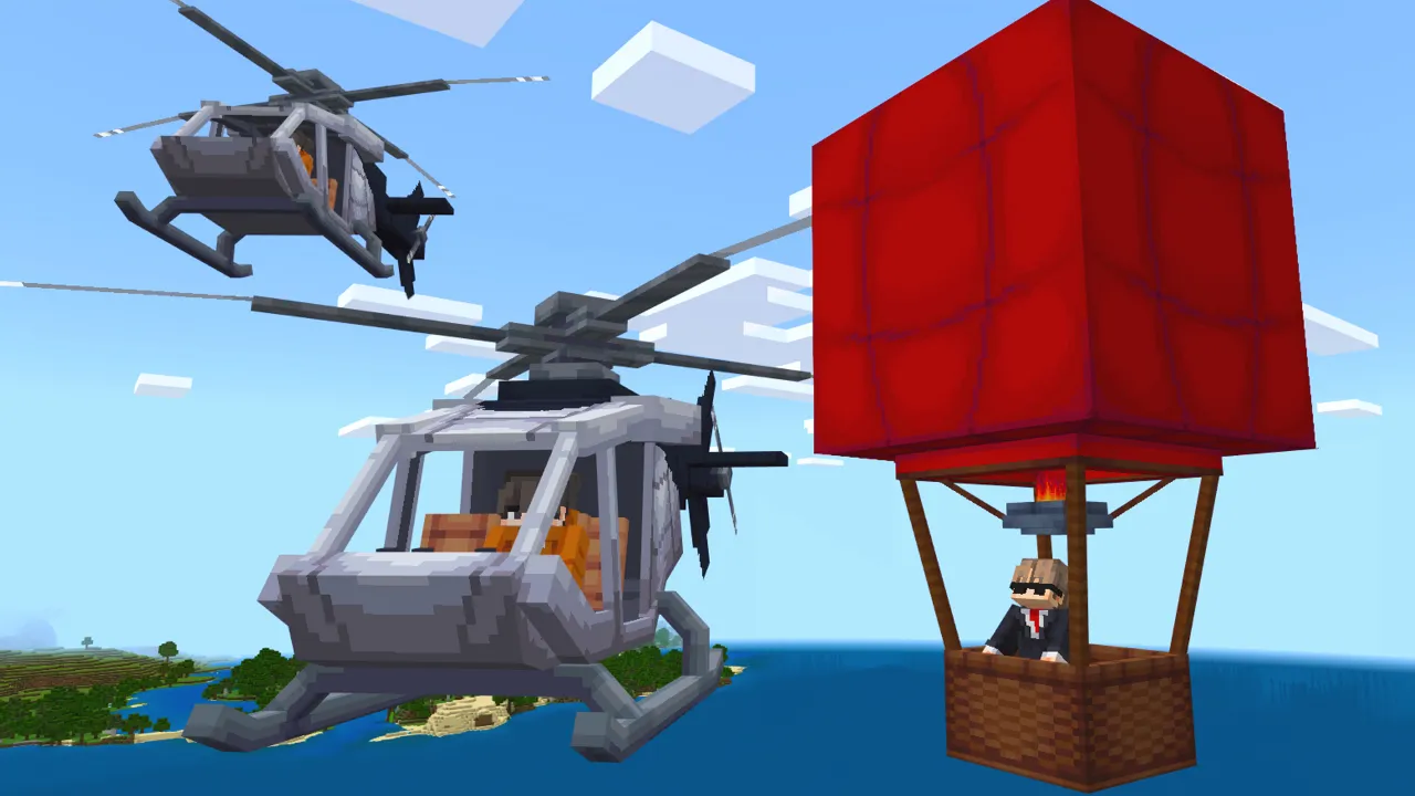 Two helicopters flying near a red hot air balloon with a character in the basket in the Roleplay Pack Minecraft Bedrock add-on