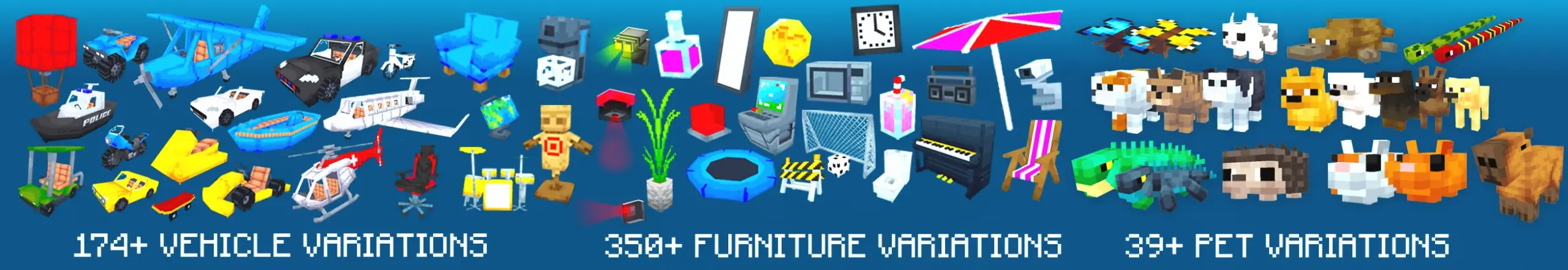 Banner showing a collage of vehicle, furniture and pet variations available in the Roleplay Pack Minecraft Bedrock add-on