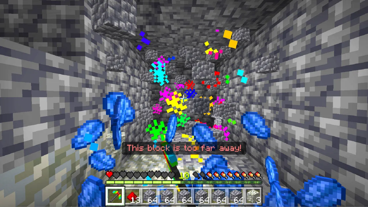 Player mining in a cave surrounded by colorful sparkling particle effects, with a hotbar of tools visible in the Super Tools Minecraft Bedrock add-on