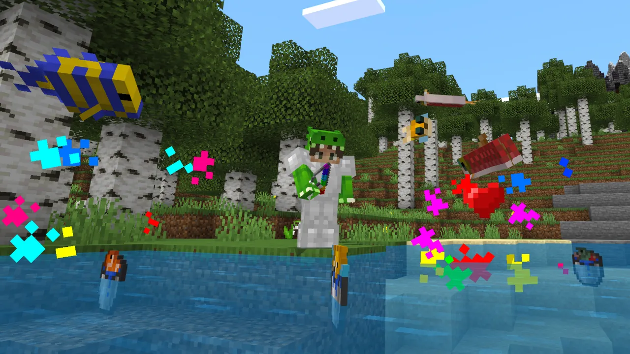 Player near water with colorful fish-shaped particle effects, mountains and a structure visible in the background in the Super Tools Minecraft Bedrock add-on