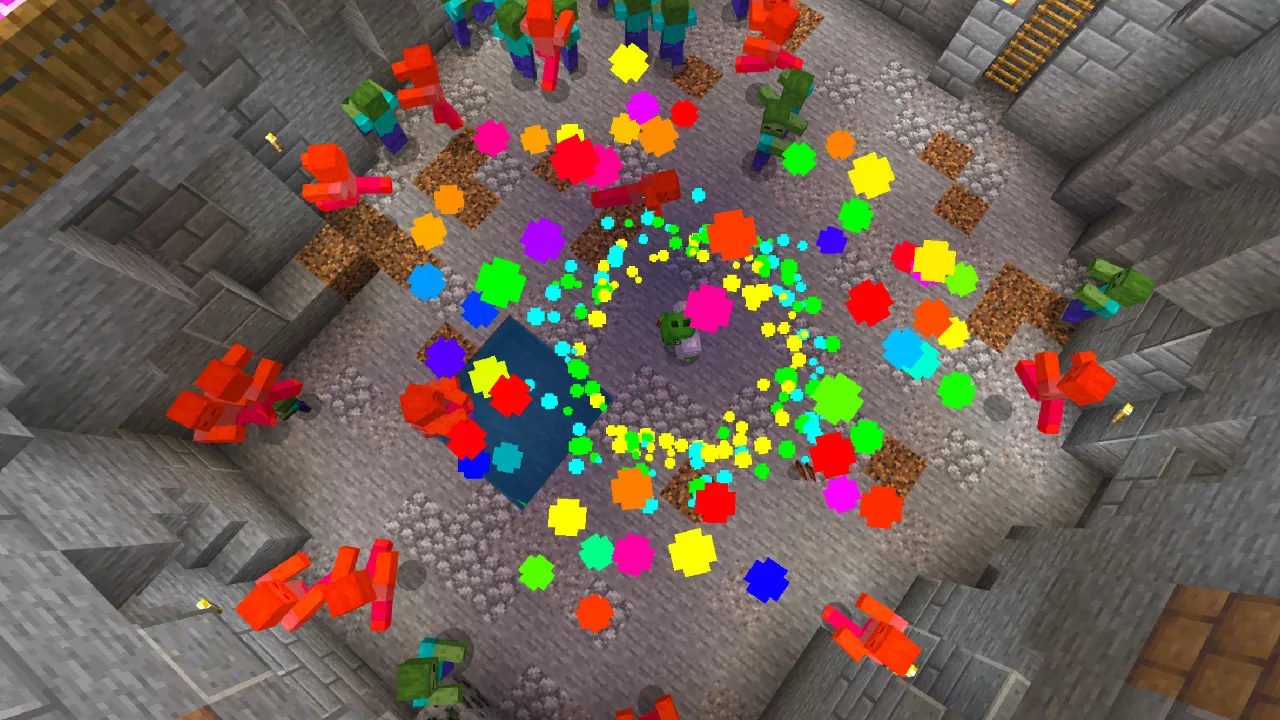 Aerial view of a player surrounded by a circular ring of colorful particle dots on the ground in the Super Tools Minecraft Bedrock add-on