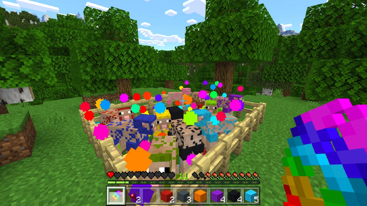 Player standing among rows of rainbow-colored blocks in a grassy field, with a hotbar of tools visible in the Super Tools Minecraft Bedrock add-on