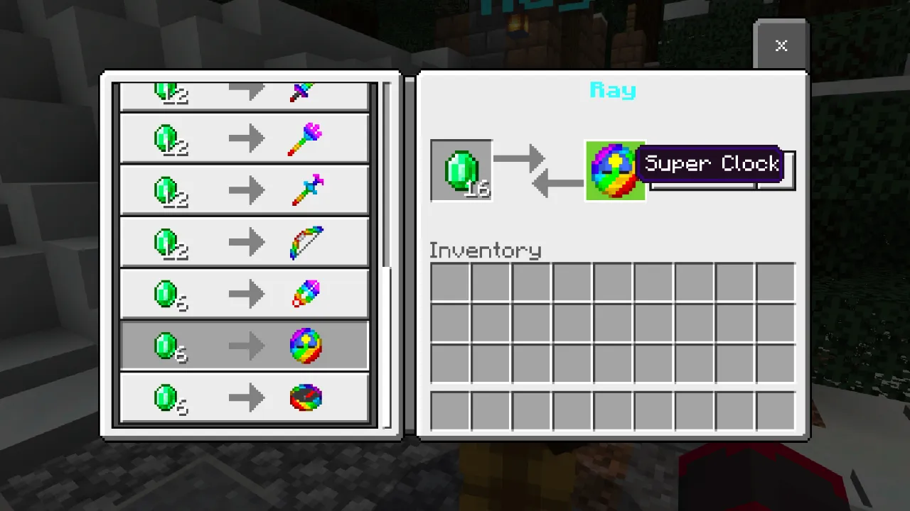 Item info panel for the Super Clock shown in an inventory exchange interface in the Super Tools Minecraft Bedrock add-on