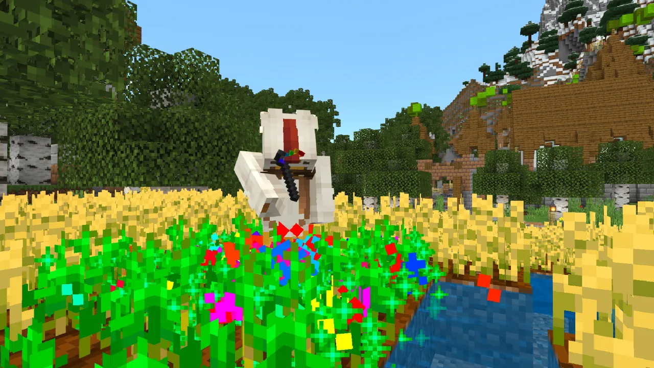 Player standing in a wheat field near water with colorful particle effects scattered around in the Super Tools Minecraft Bedrock add-on