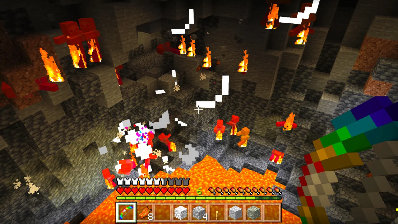 Player in a cave with fire, a white burst effect and a rainbow arc surrounding them in the Super Tools Minecraft Bedrock add-on