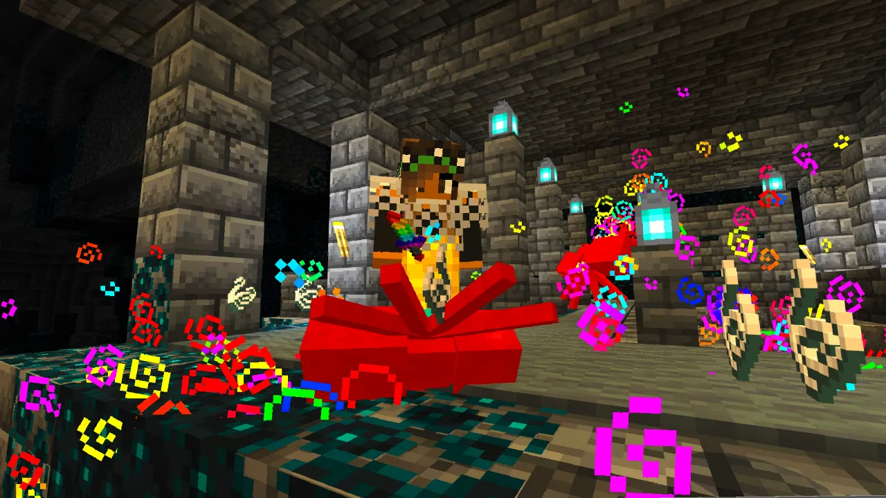 Player riding through a cave surrounded by colorful particle effects in red, yellow and pink in the Super Tools Minecraft Bedrock add-on