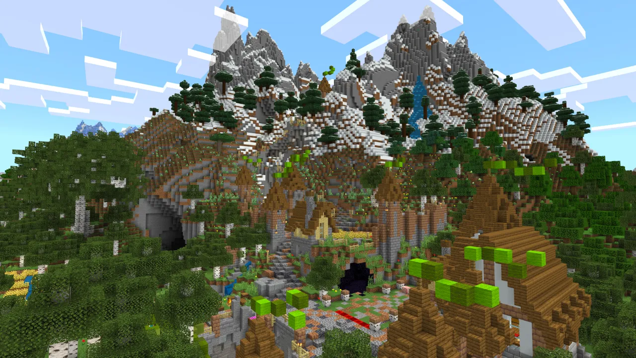 Aerial view of snow-capped mountainous terrain with colorful particle effects scattered on the ground in the Super Tools Minecraft Bedrock add-on