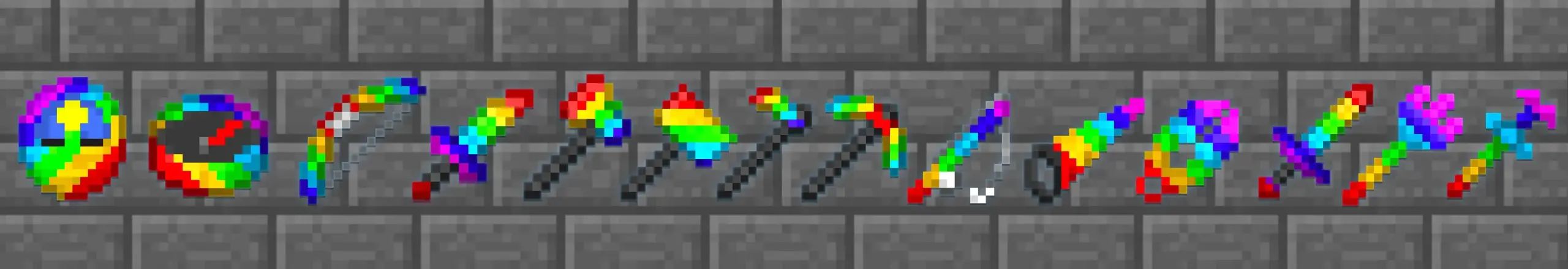 Banner displaying a row of tools with rainbow-colored gem icons in the Super Tools Minecraft Bedrock add-on