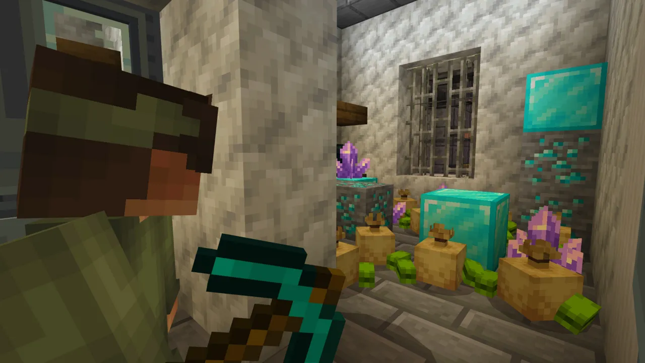 Prison cell interior with a player holding a pickaxe near barred cells containing chests and mobs in the Ultimate Police Base Minecraft Bedrock add-on