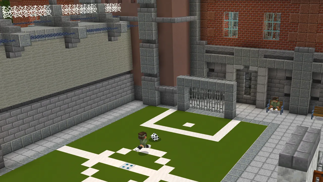 Basketball court in a courtyard next to the police headquarters building in the Ultimate Police Base Minecraft Bedrock add-on