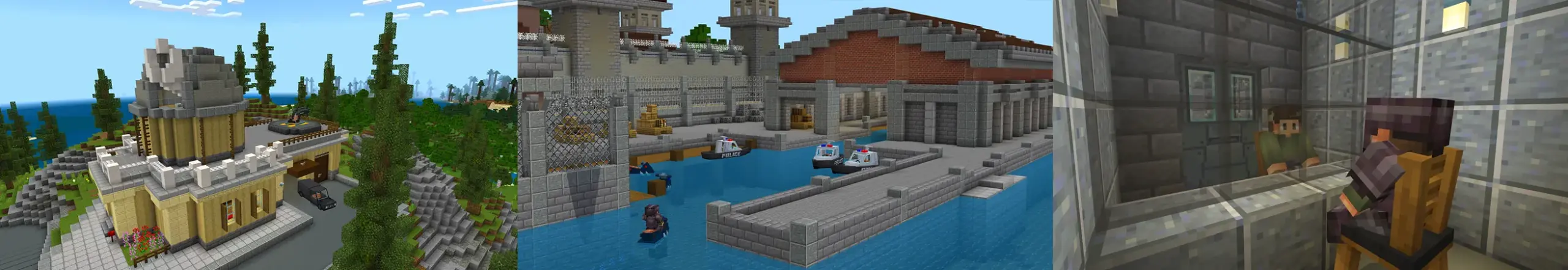 Collage of a large building exterior, a swimming pool area and an underground vault room in the Ultimate Police Base Minecraft Bedrock add-on