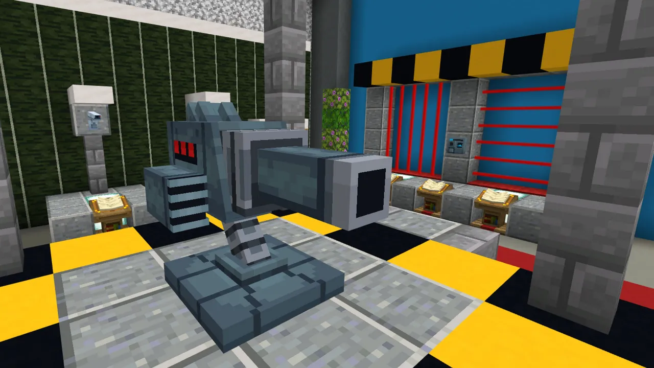 Yellow and black striped security room with a stone pedestal in the Ultimate Security Pack Minecraft Bedrock map