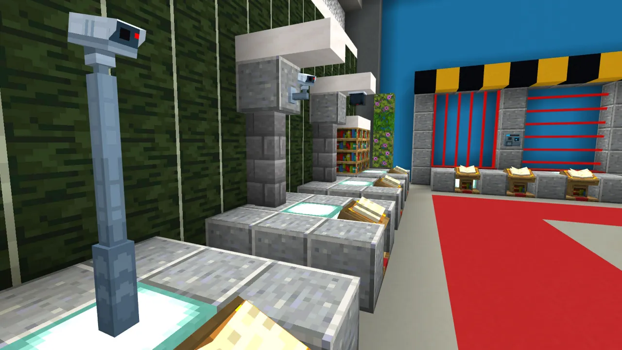 Security camera and glowing red laser panels along a red carpet in the Ultimate Security Pack Minecraft Bedrock map