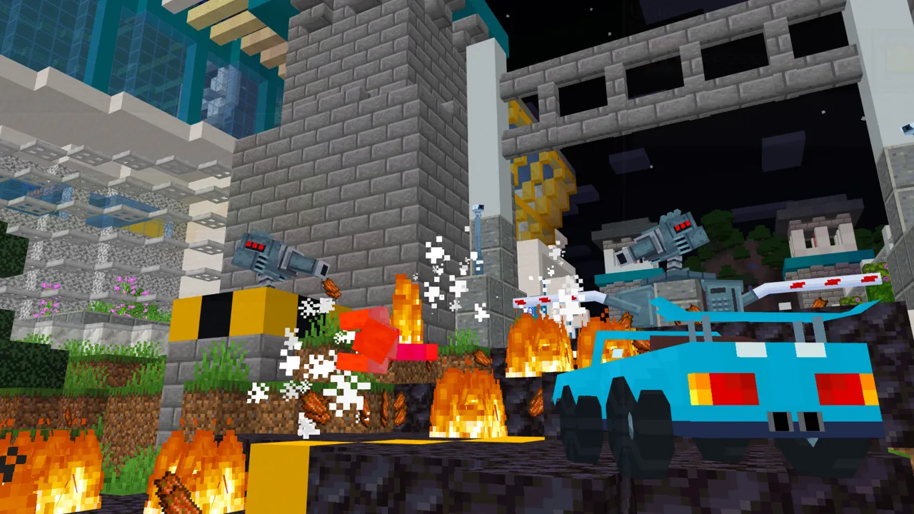 Blue car surrounded by fire and rubble in a destroyed city scene in the Ultimate Security Pack Minecraft Bedrock map