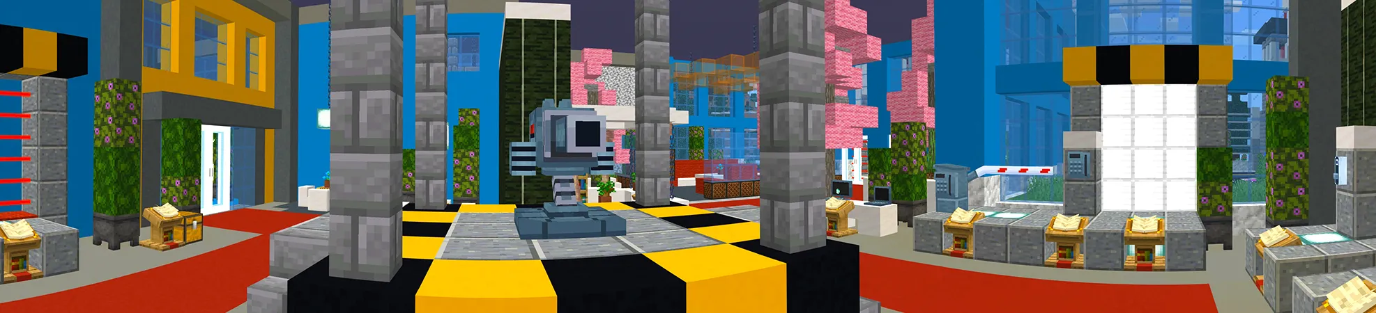 Banner showing a yellow and black security base interior in the Ultimate Security Pack Minecraft Bedrock map