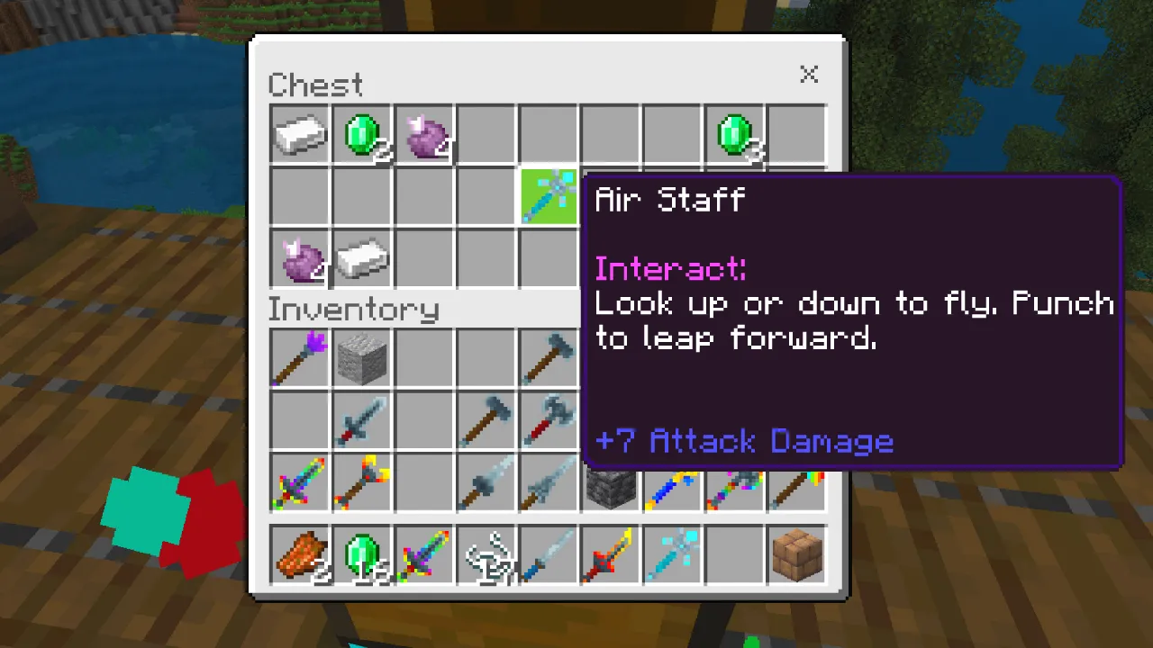 Item info panel for the Air Staff showing an interact ability to fly and +7 attack damage in the WEAPONS! Minecraft Bedrock add-on
