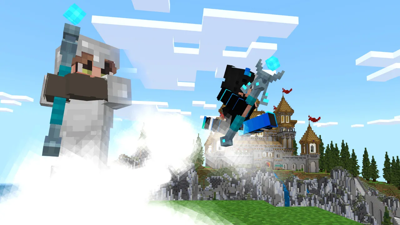 Player launching another player into the air with a white cloud effect near a castle in the WEAPONS! Minecraft Bedrock add-on