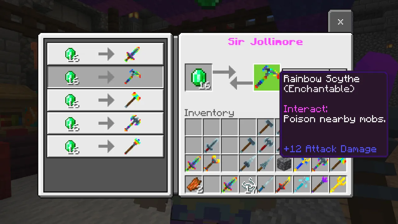 Item info panel for the Rainbow Scythe showing an interact ability to poison nearby mobs and +12 attack damage in the WEAPONS! Minecraft Bedrock add-on