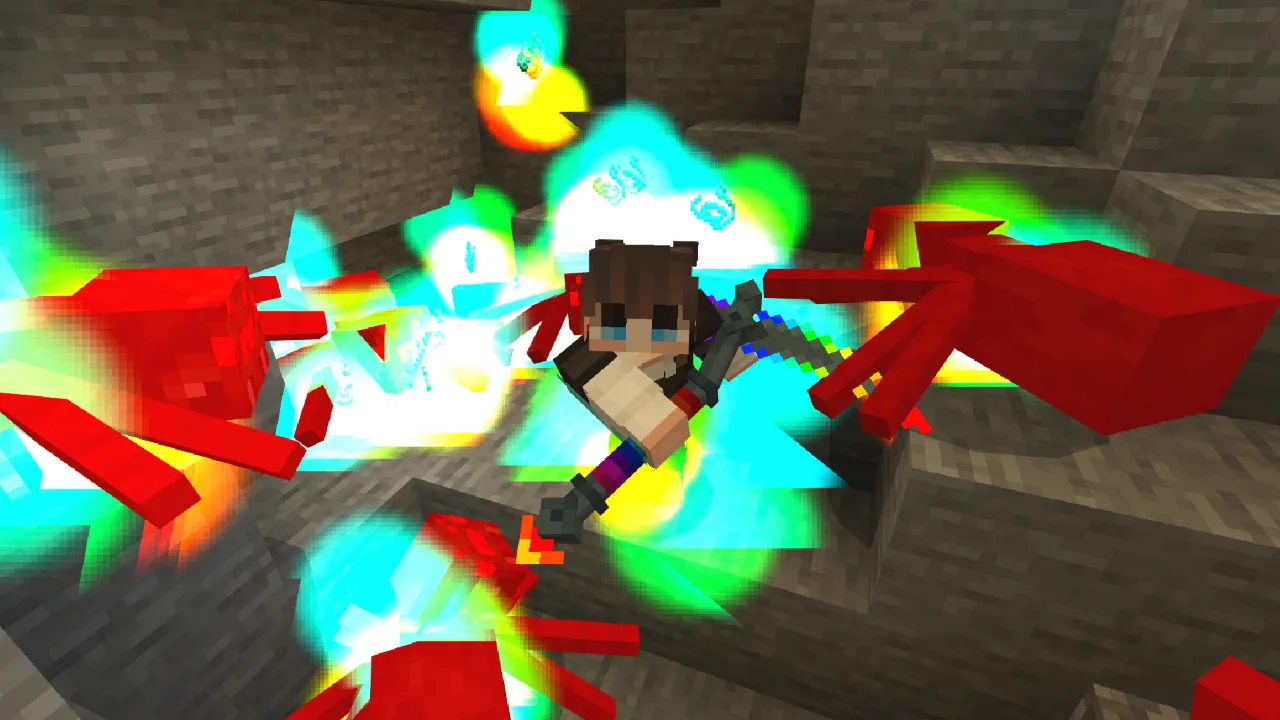 Player surrounded by glowing cyan and red particle effects while fighting in a stone cave in the WEAPONS! Minecraft Bedrock add-on