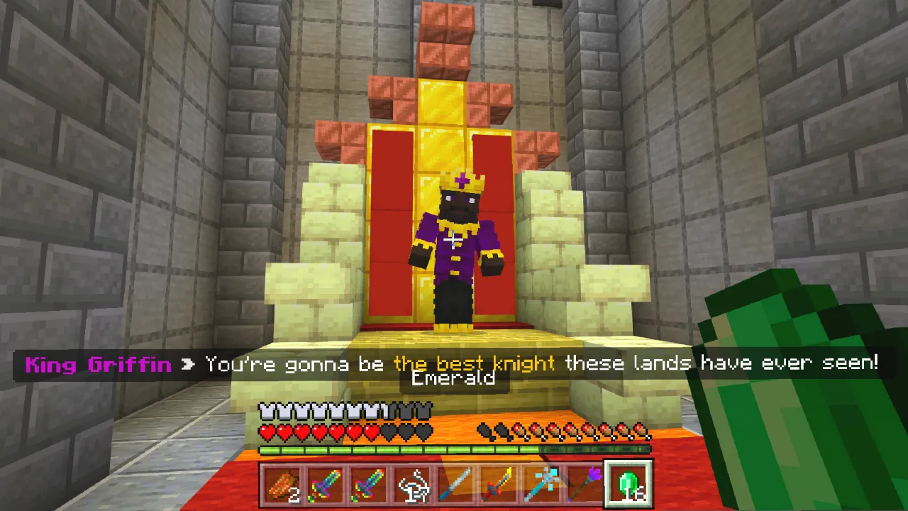 Player near a throne room with a red and gold banner and an on-screen chat message in the WEAPONS! Minecraft Bedrock add-on