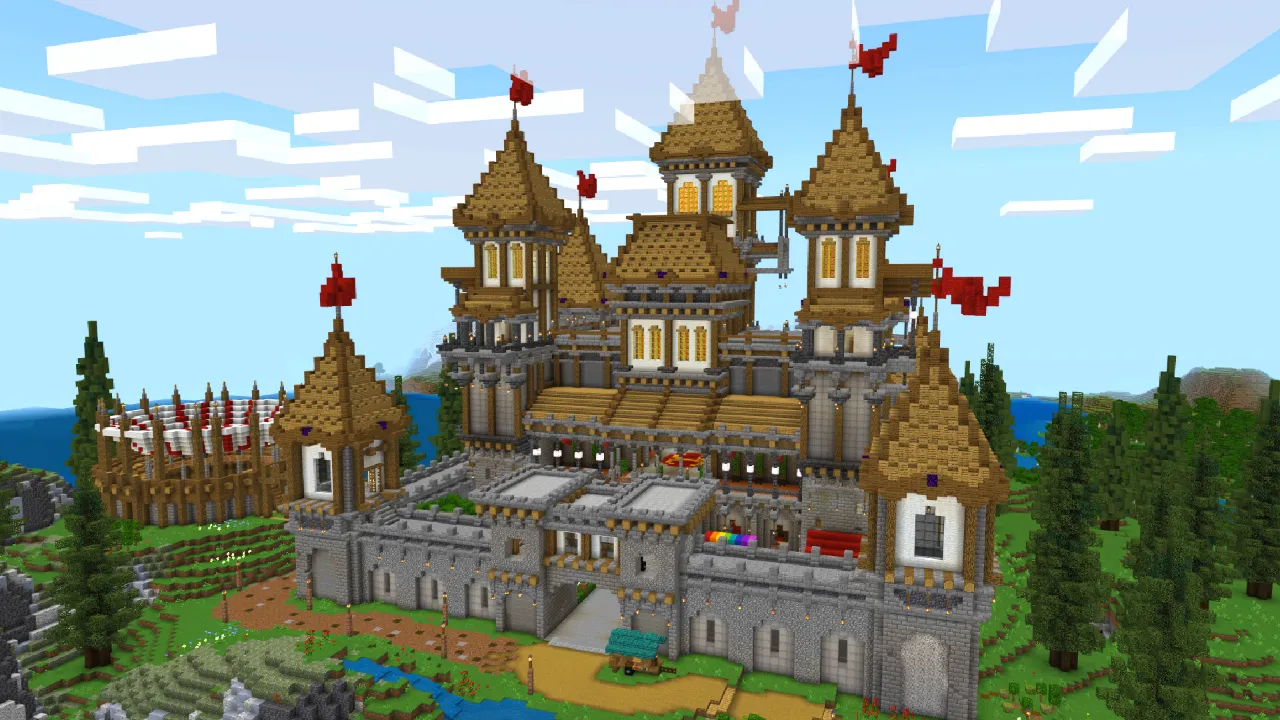 Large medieval castle with towers and red banners surrounded by trees and water in the WEAPONS! Minecraft Bedrock add-on