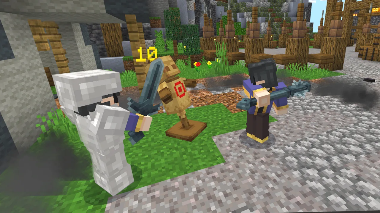 Player fighting an armored mob near a village well with floating damage numbers in the WEAPONS! Minecraft Bedrock add-on