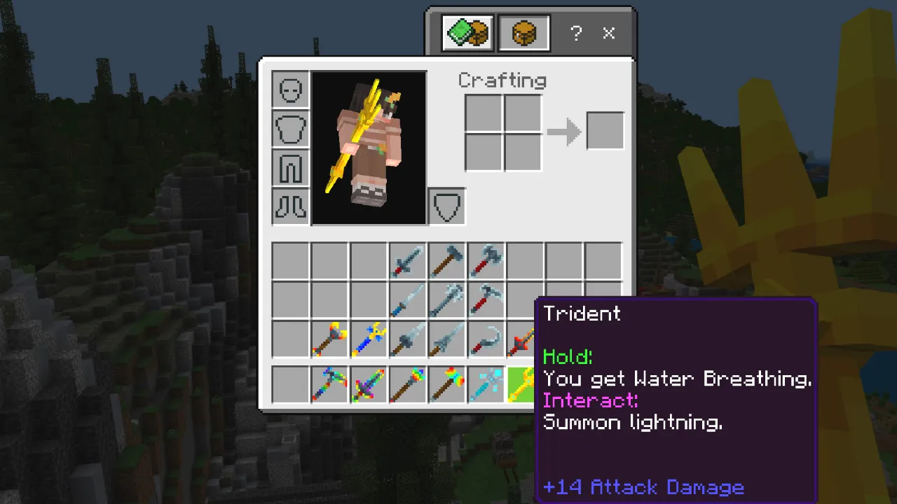 Crafting menu for a Trident showing an interact ability that grants water breathing and summons lightning in the WEAPONS! Minecraft Bedrock add-on