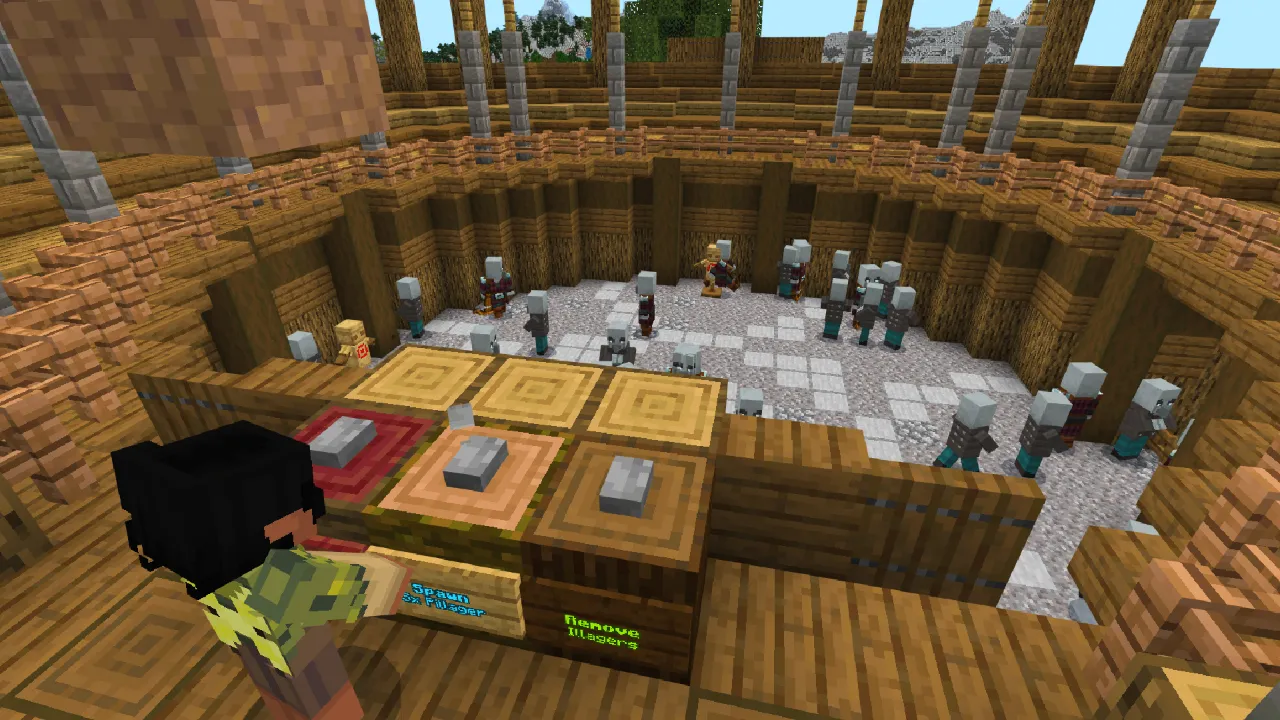 Circular wooden council room with players seated at tables in the WEAPONS! Minecraft Bedrock add-on