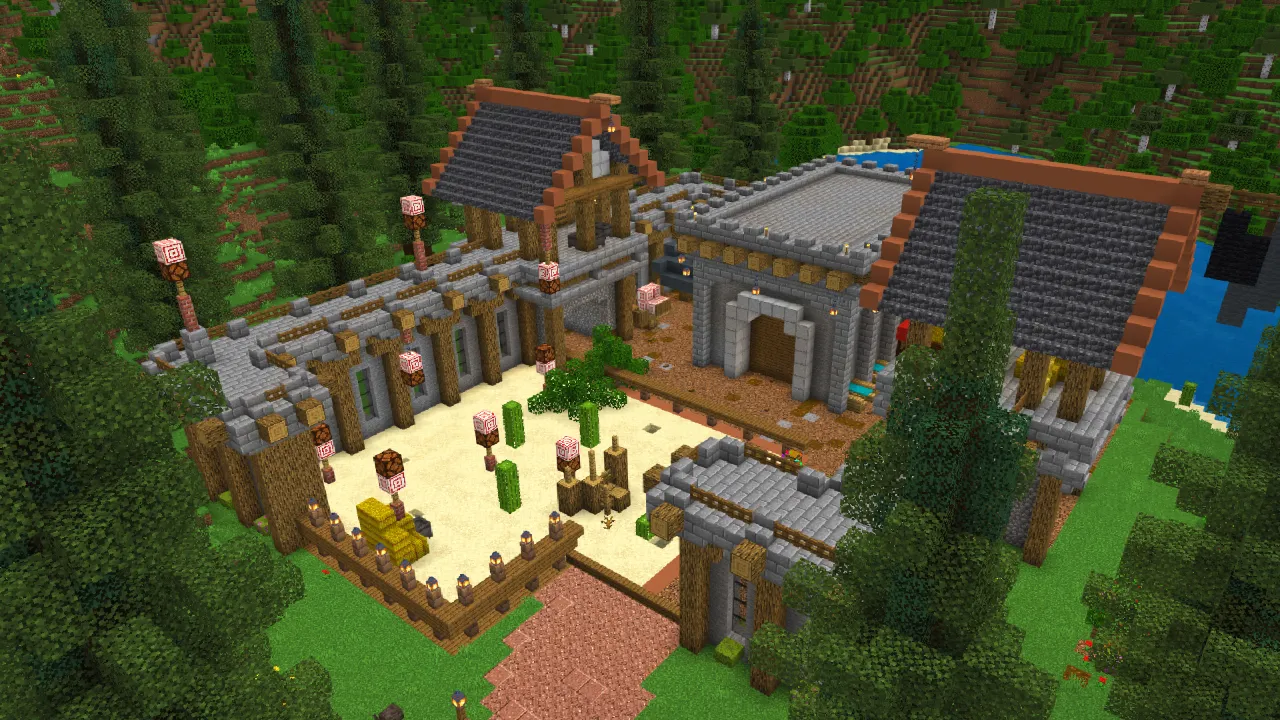 Stone castle courtyard with a fountain, torches and surrounding forest in the WEAPONS! Minecraft Bedrock add-on