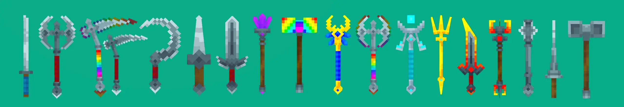 Banner displaying a row of various weapon icons in the WEAPONS! Minecraft Bedrock add-on