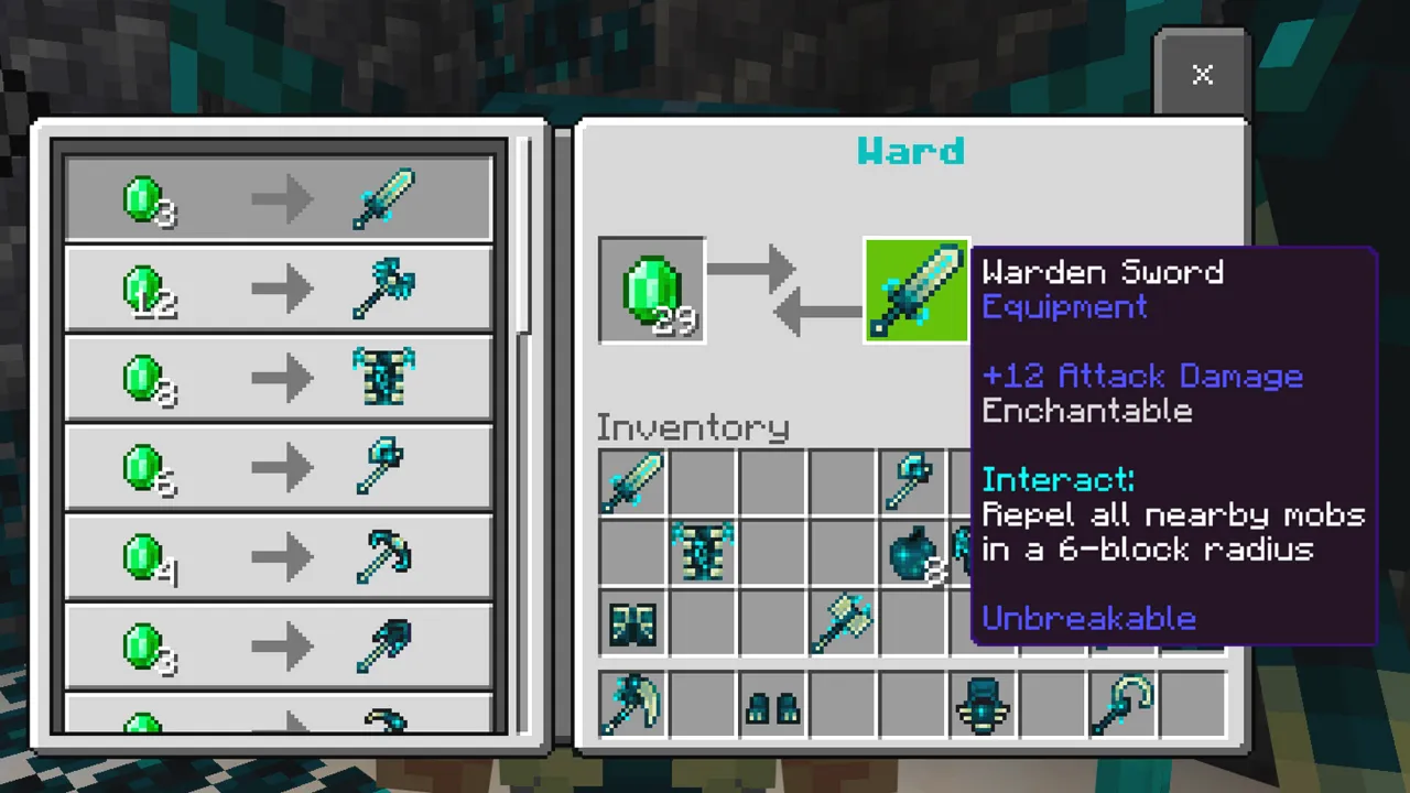 Item info panel for the Warden Sword showing +1.2 attack damage, an interact ability that stuns all nearby mobs within a 6-block radius, and an unbreakable enchantment in the Warden Tools Minecraft Bedrock add-on