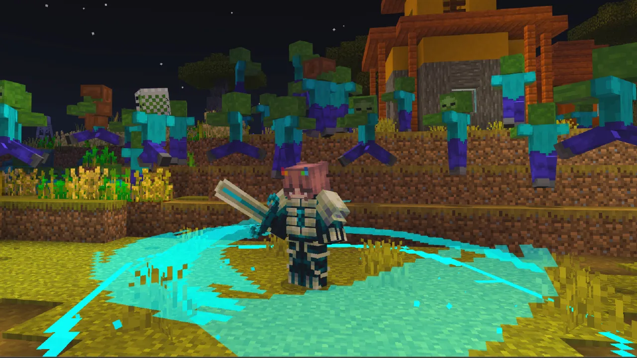 Player swinging a Warden-themed weapon that unleashes a glowing cyan sonic wave across the ground in the Warden Tools Minecraft Bedrock add-on
