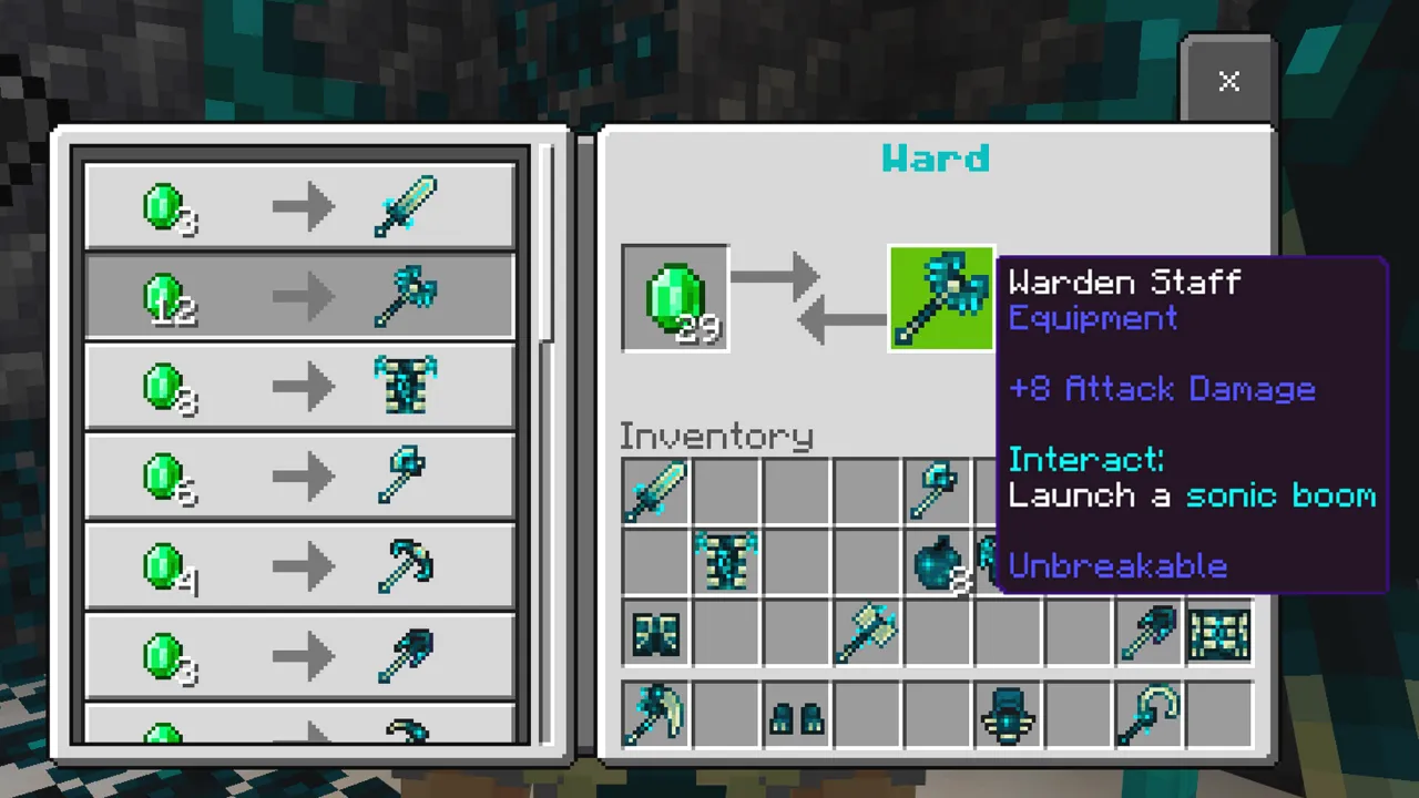Item info panel for the Warden Staff showing its interact ability to launch a sonic boom in the Warden Tools Minecraft Bedrock add-on