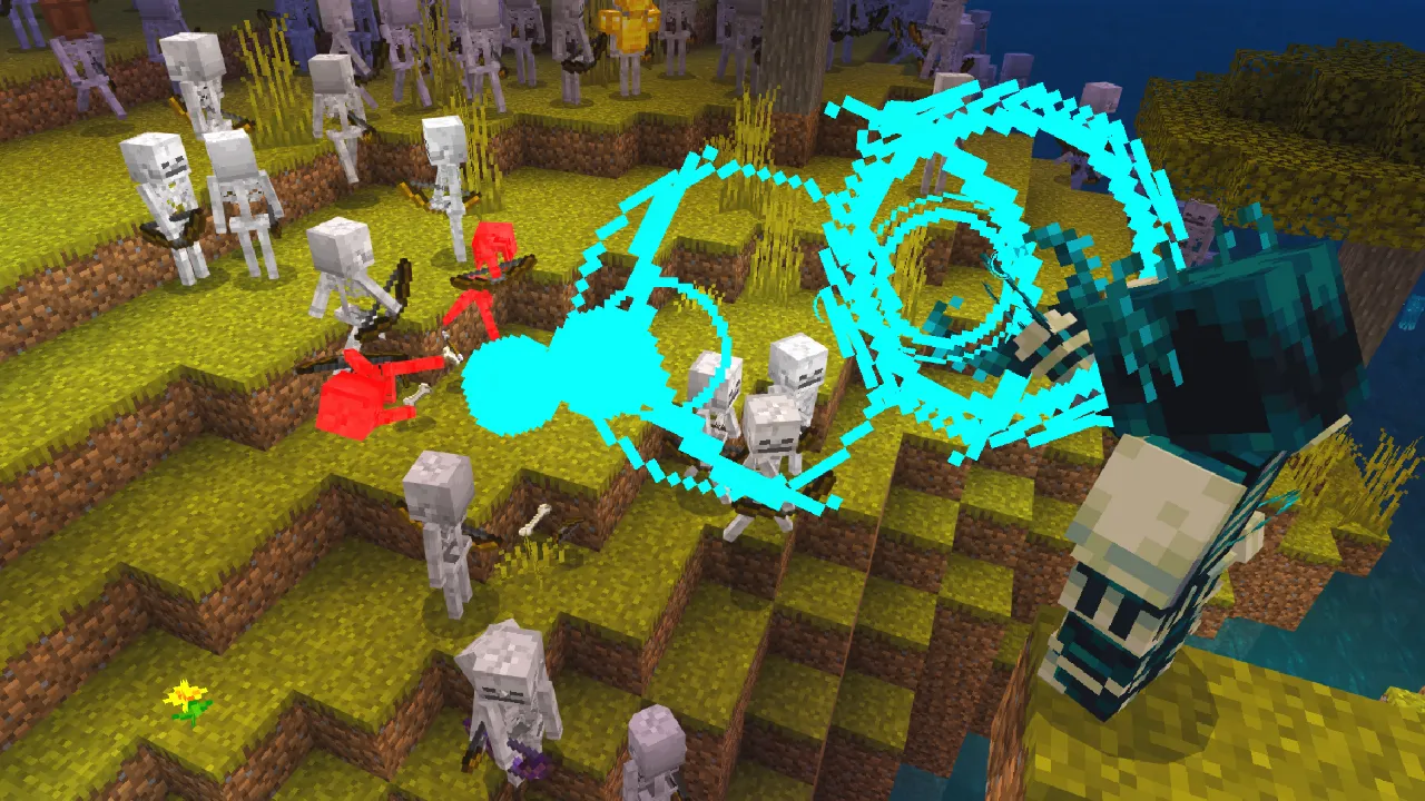 Glowing cyan sonic rings expanding outward from a player, striking multiple skeletons in the Warden Tools Minecraft Bedrock add-on