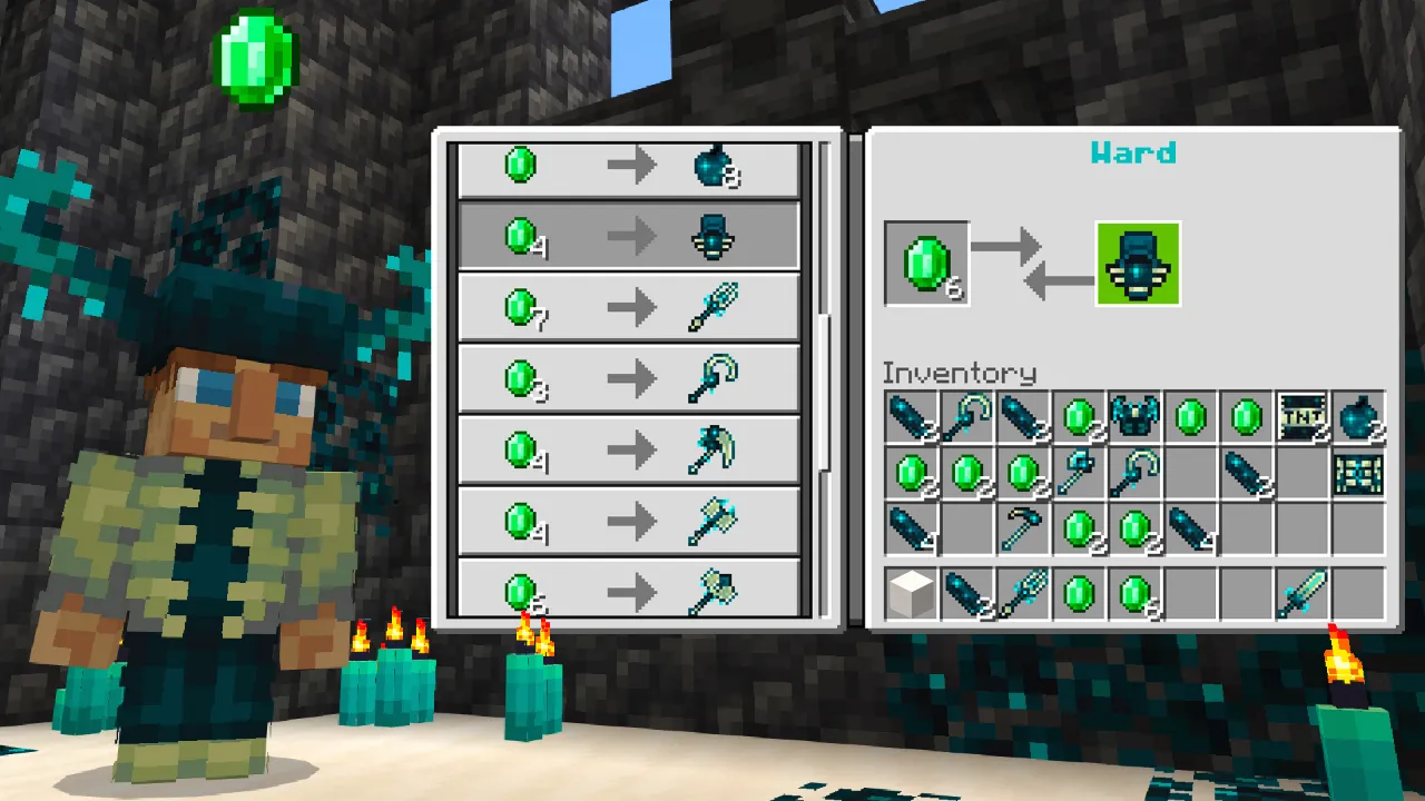 Player standing in a dark cave next to a small Warden item info panel in the Warden Tools Minecraft Bedrock add-on