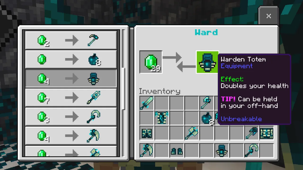 Item info panel for the Warden Totem showing its effect of doubling health and a tip that it can be held in the off-hand in the Warden Tools Minecraft Bedrock add-on