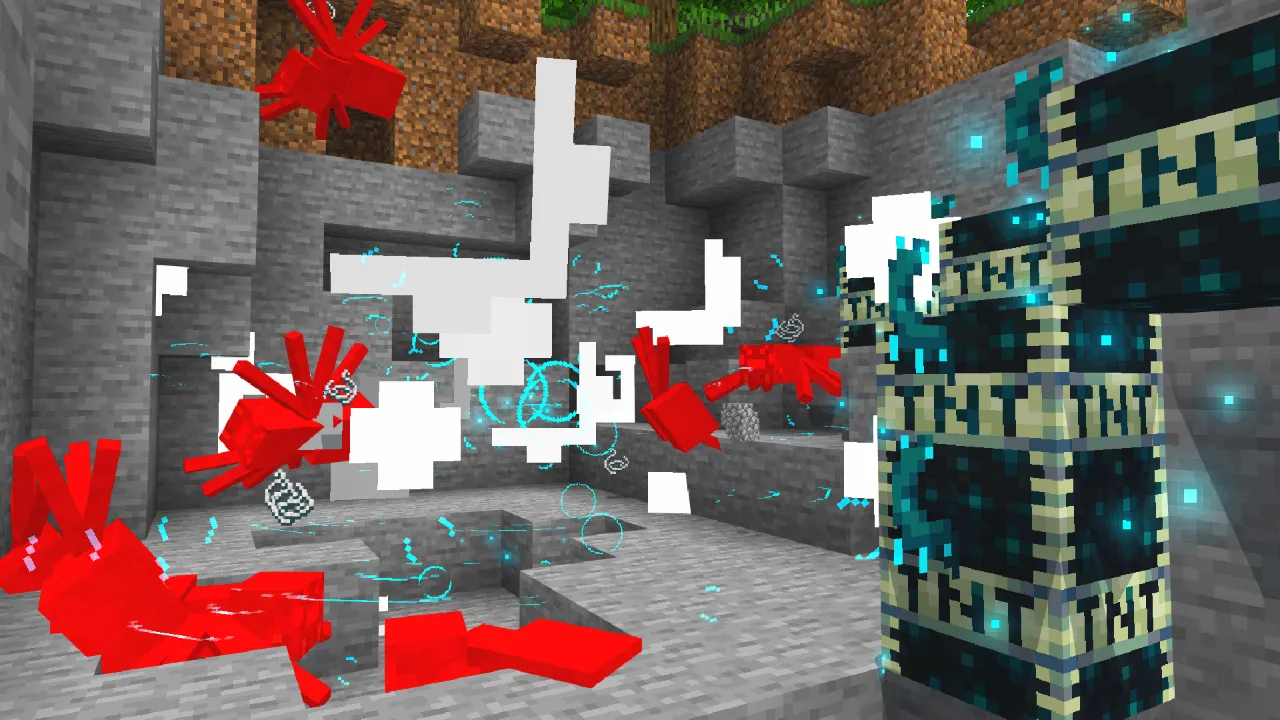 Red explosion effect from Warden TNT detonating near a player in the Warden Tools Minecraft Bedrock add-on