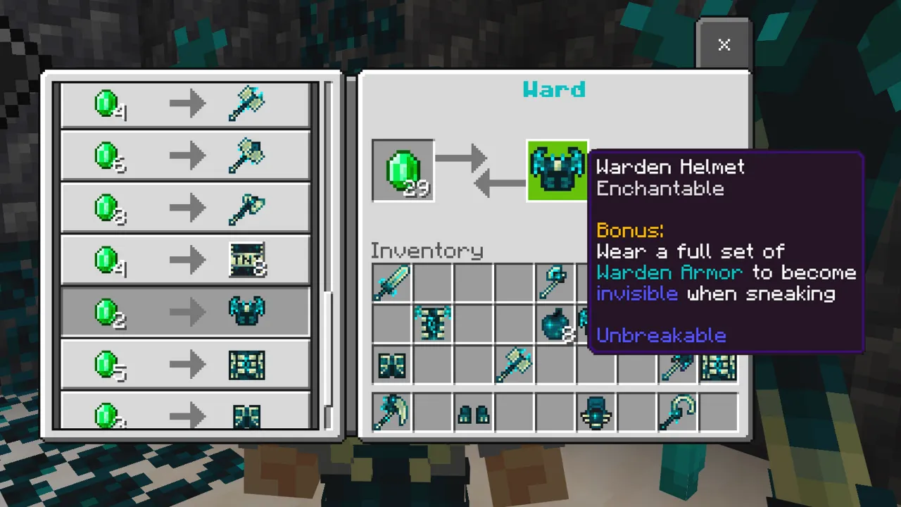 Item info panel for the Warden Helmet showing its enchantable status and a bonus ability that grants invisibility while sneaking when wearing a full set of Warden armor in the Warden Tools Minecraft Bedrock add-on
