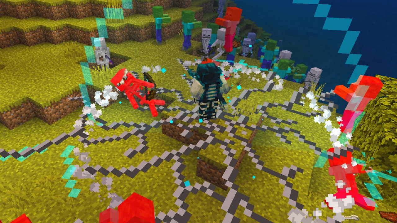 Aerial view of a player surrounded by spreading red and white tendrils from a Warden-themed ability in the Warden Tools Minecraft Bedrock add-on