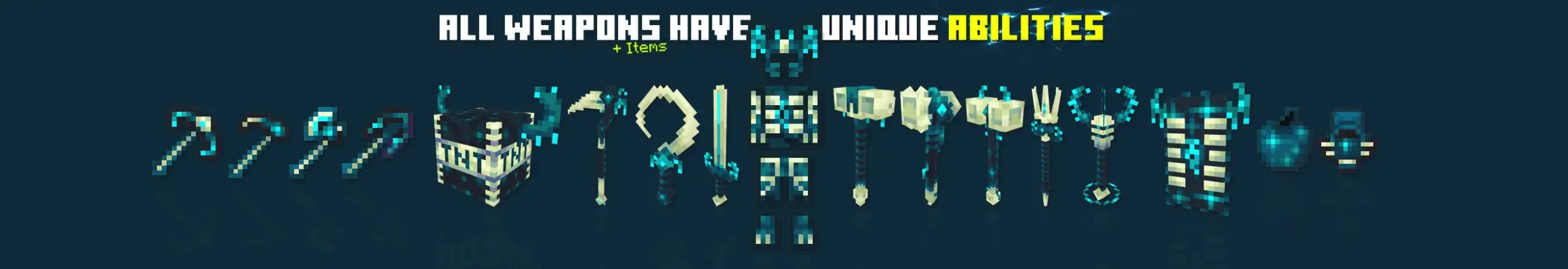 Banner displaying icons of all weapons, each labeled as having a unique ability in the Warden Tools Minecraft Bedrock add-on