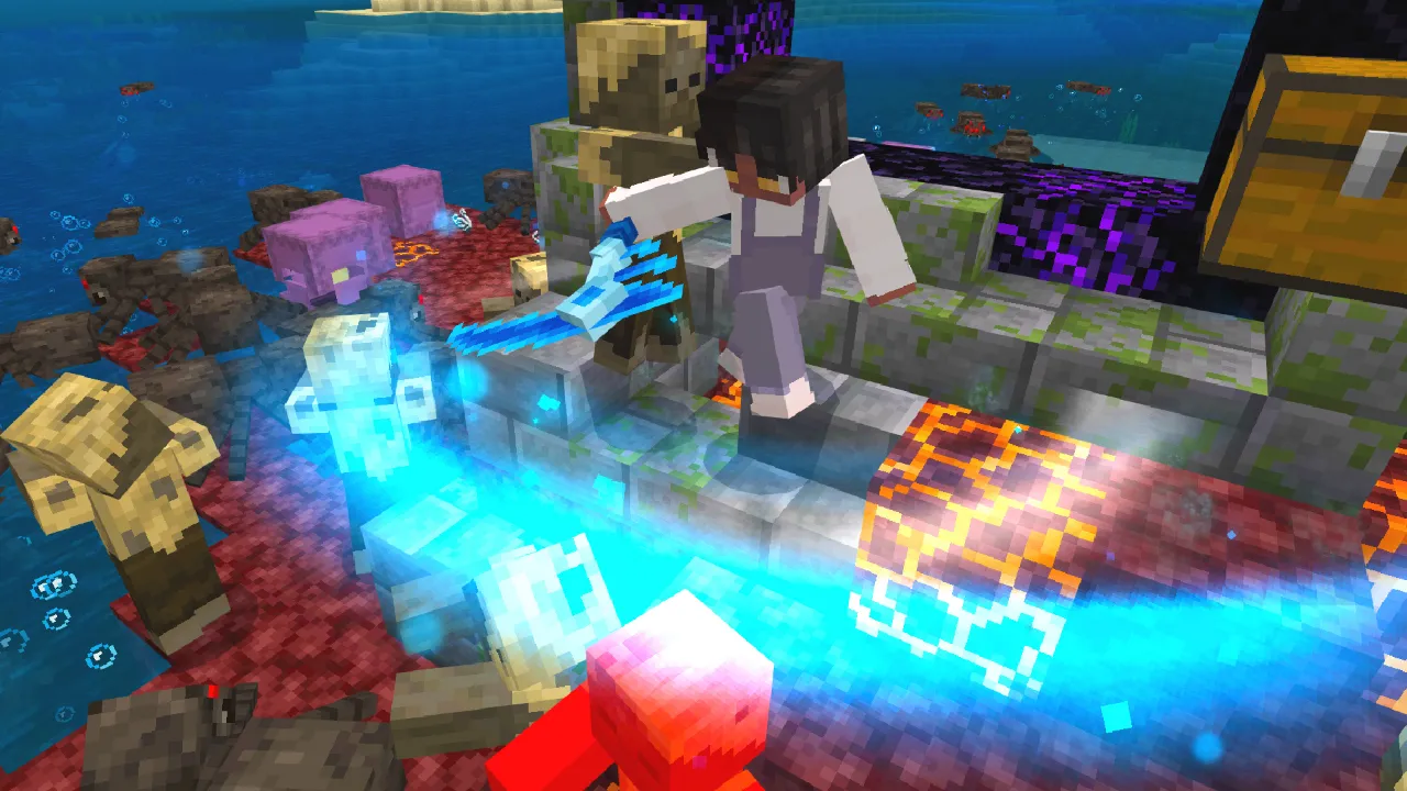 Player standing near a chest with a glowing blue energy trail on a stone platform surrounded by red netherrack in the Weapons Evolve Minecraft Bedrock add-on