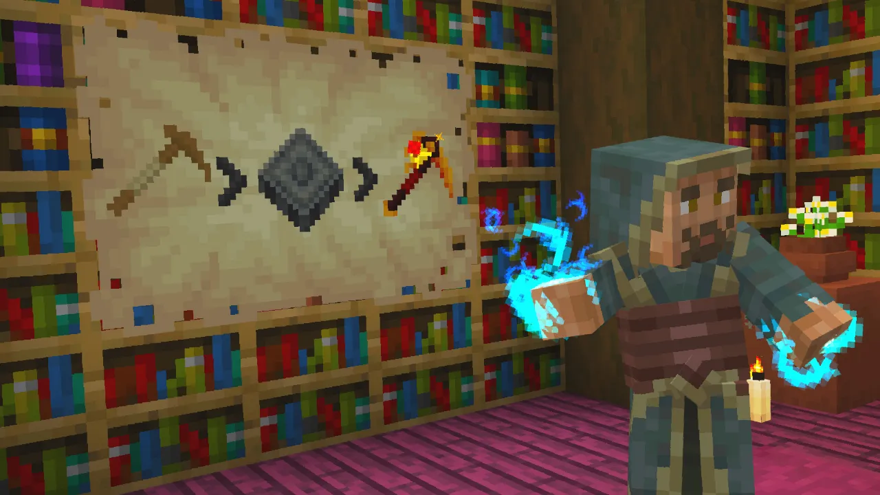 Weapon evolution chart on a paper scroll in a bookshelf-lined room, with a player holding a glowing blue weapon in the Weapons Evolve Minecraft Bedrock add-on