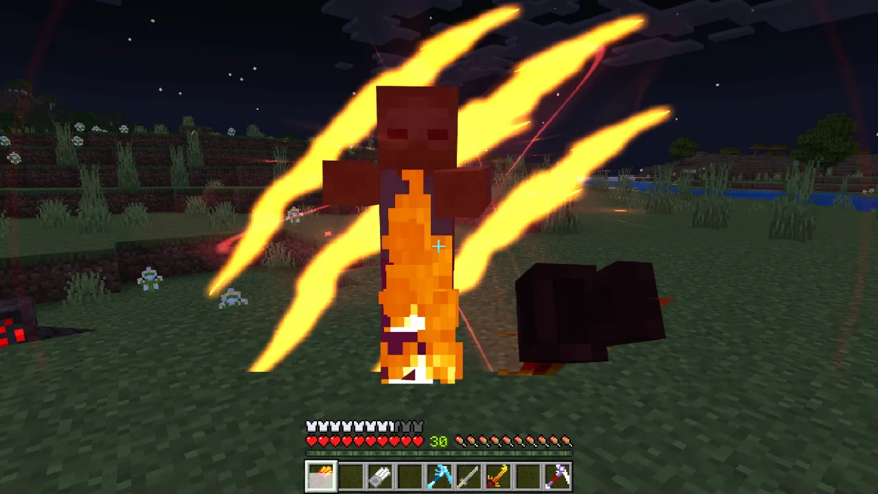 Player attacking a monster with a glowing yellow lightning bolt effect at night in the Weapons Evolve Minecraft Bedrock add-on