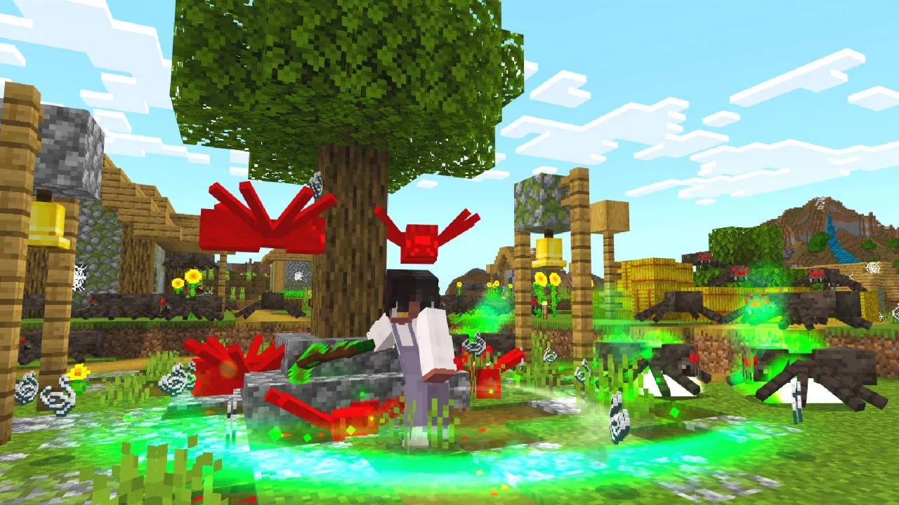 Player attacking spiders surrounded by green particle effects near a tree in a grassy area in the Weapons Evolve Minecraft Bedrock add-on